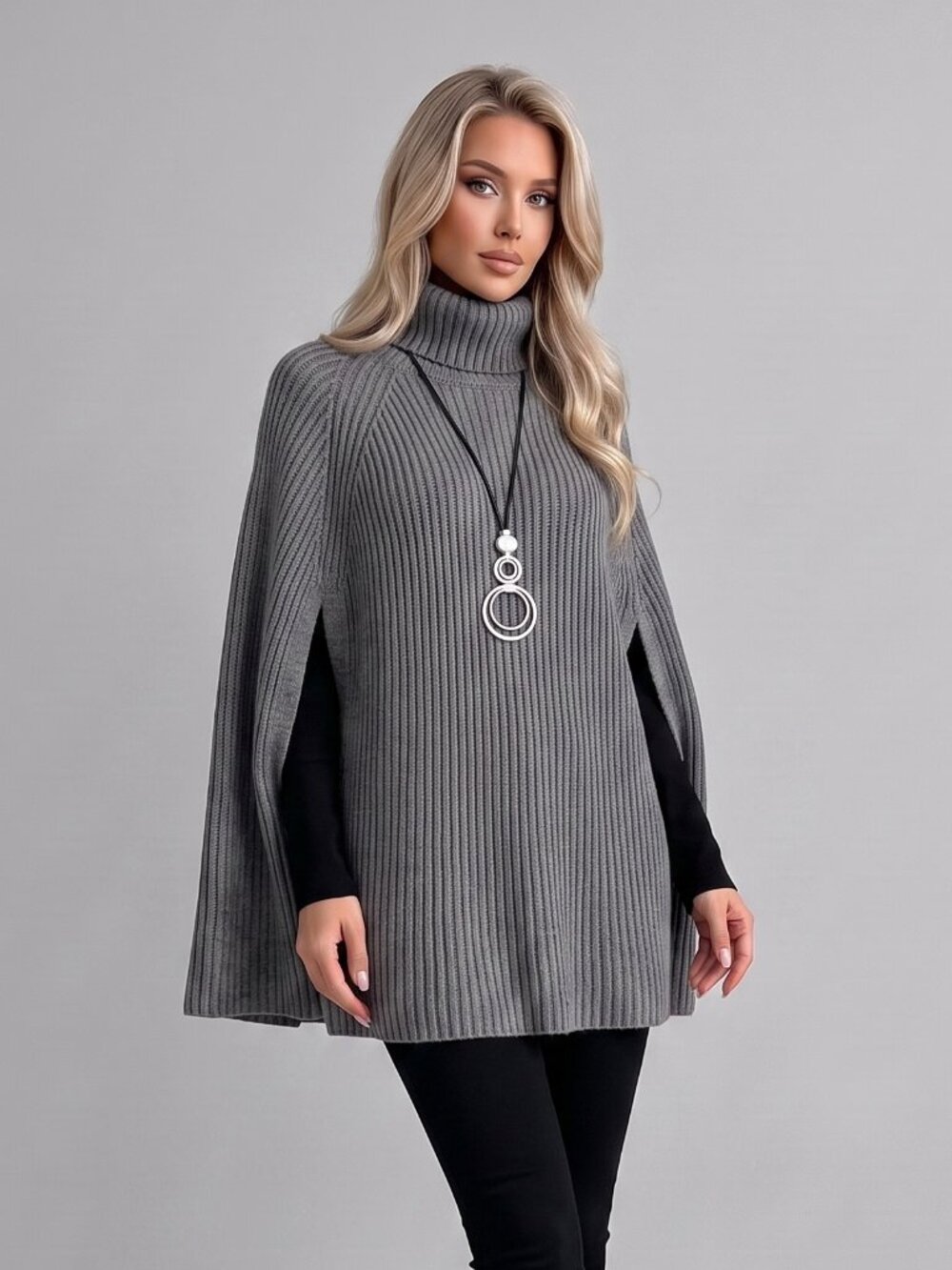 Women's Gray Wool Poncho Sweater High Neck Batwing Sleeve Raglan Knit Cape - Picture 3 of 6